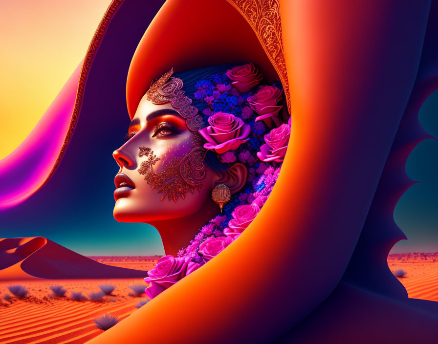 Digital Art: Woman's Profile with Floral Designs and Abstract Shapes in Desert Dusk