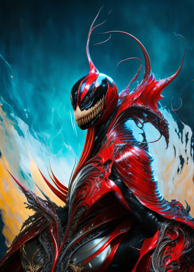 Character with symbiote-like design in red and black against blue background