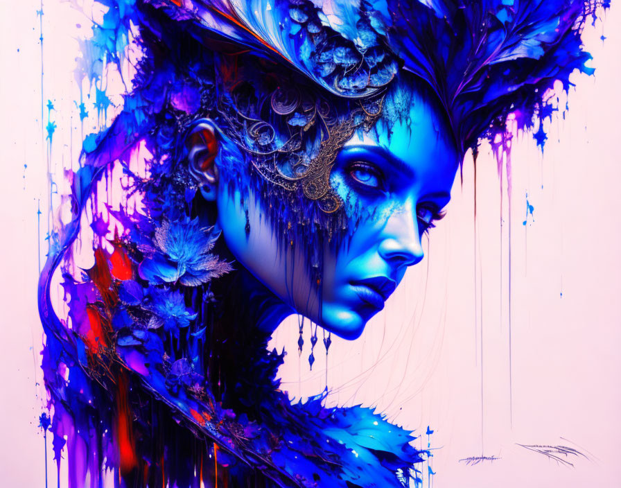 Colorful digital artwork of a woman with blue skin and elaborate headdress.