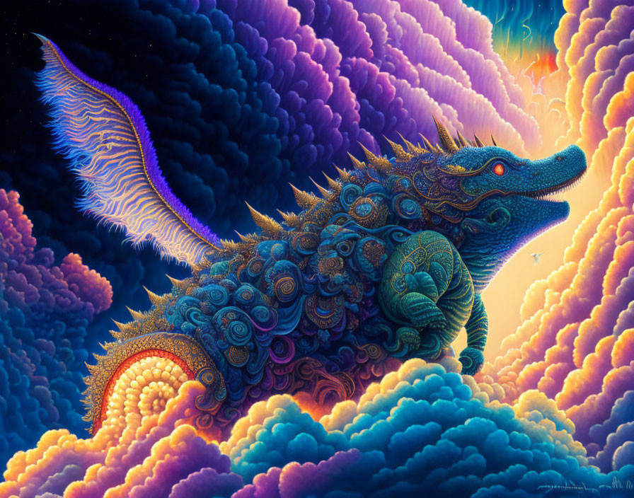 Colorful Dragon Artwork in Whimsical Clouds and Starry Sky