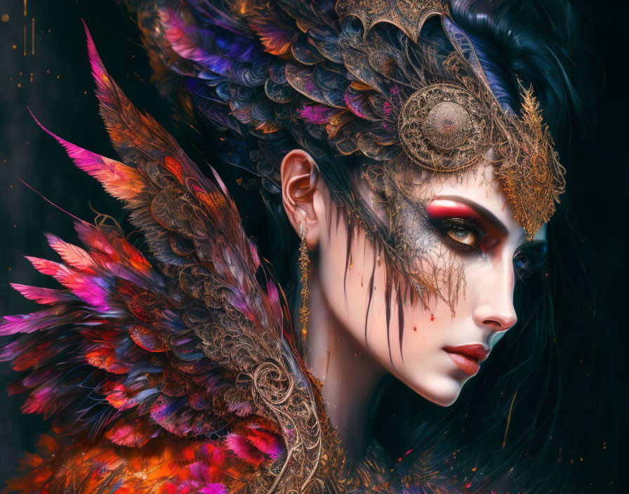 Vibrant feathered headgear portrait with rich colors