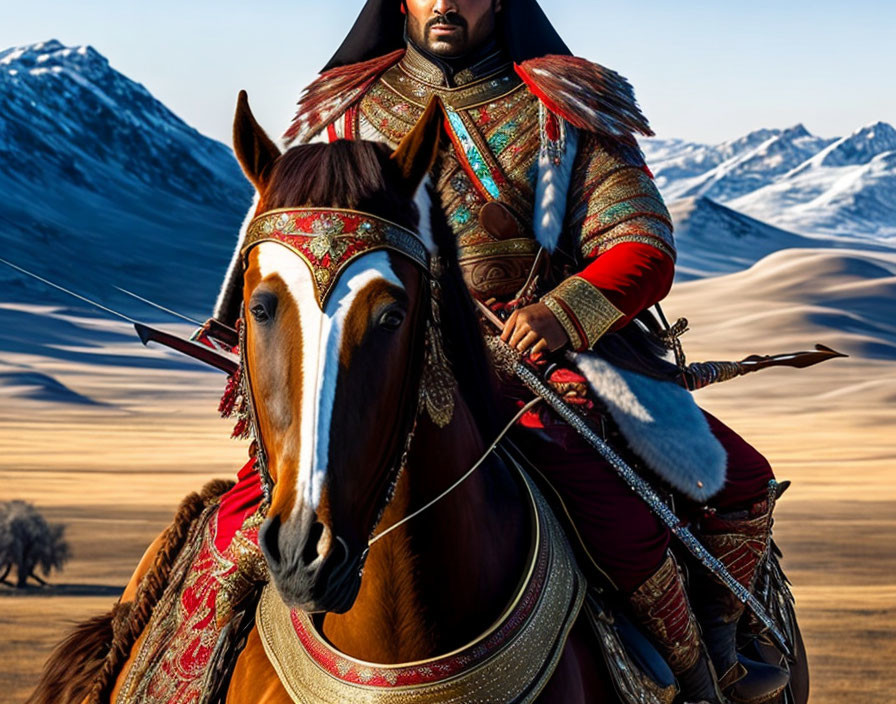 Traditional armored warrior on horseback in desert with mountains.