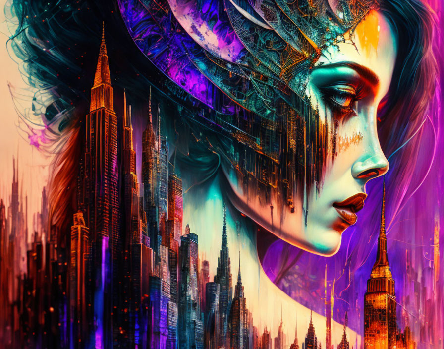 Colorful digital artwork: Woman's profile merges with neon cityscape and urban elements