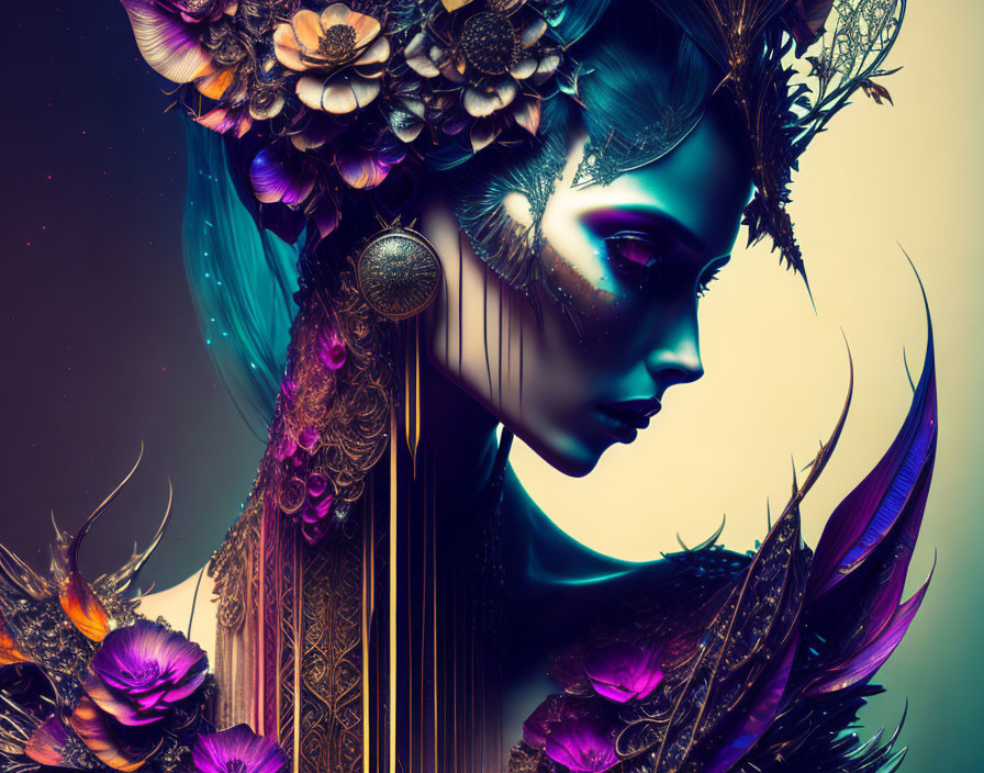 Vibrant artwork of a woman with intricate floral, feather, and gold headpiece