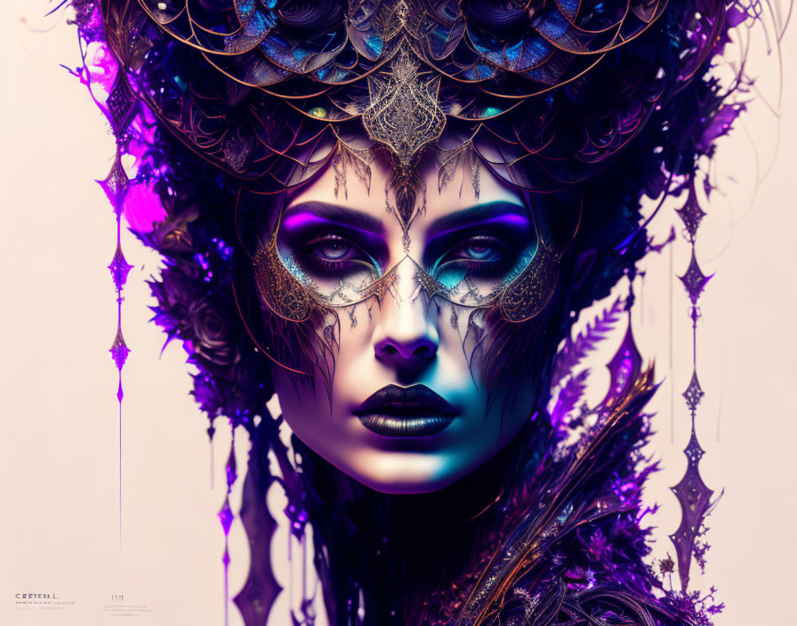 Elaborate Gothic Headpiece and Mask in Purple and Gold Palette