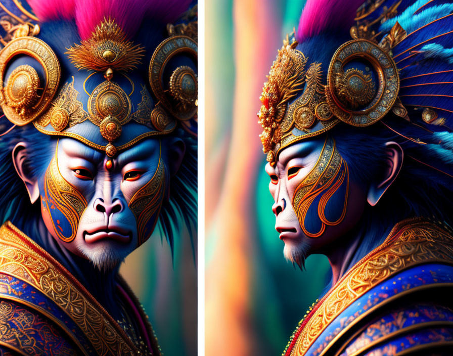 Detailed Illustration: Blue Monkey Character in Ornate Golden Headdress