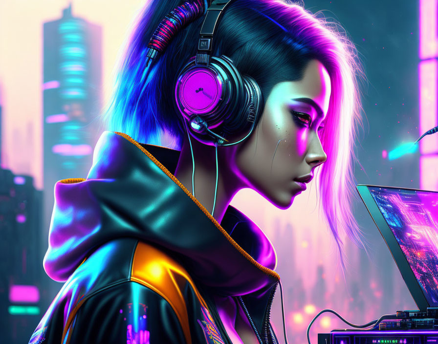 Woman with Headphones in Neon Lit Futuristic City