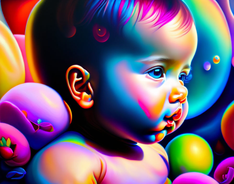 Vibrant digital artwork of child's face with neon colors