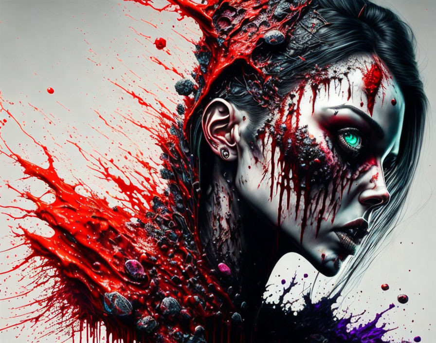 Digital artwork: Woman with red and purple splattered face and green eye.