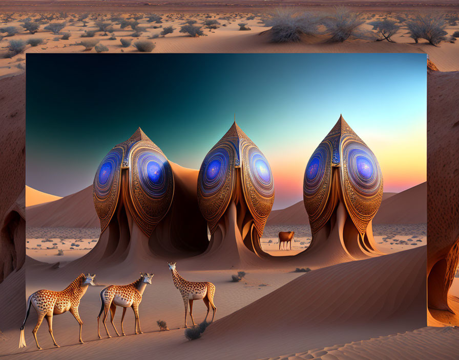 Surreal desert landscape with futuristic peacock structures and giraffes at dusk.