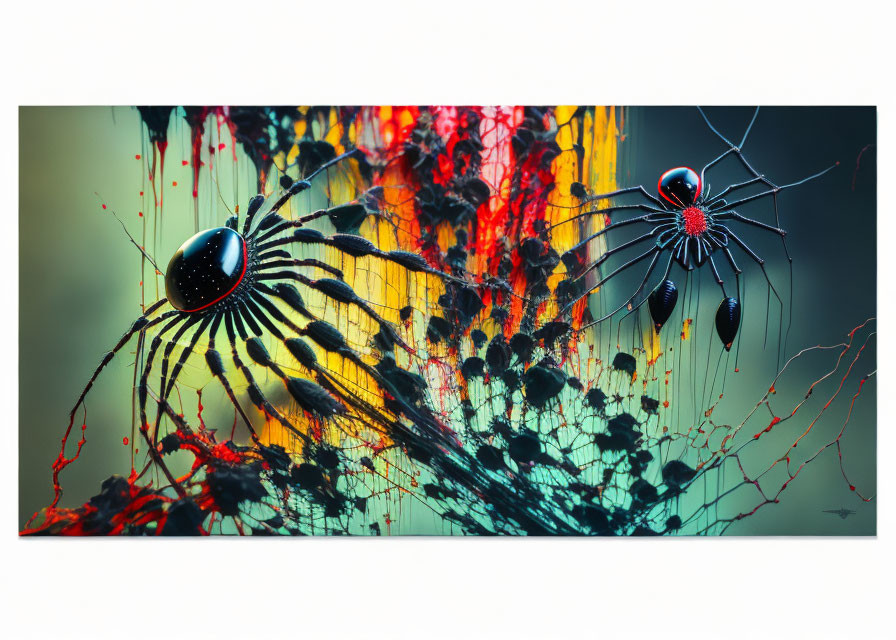 Abstract art: Two stylized spiders on vibrant red, yellow, and black splash