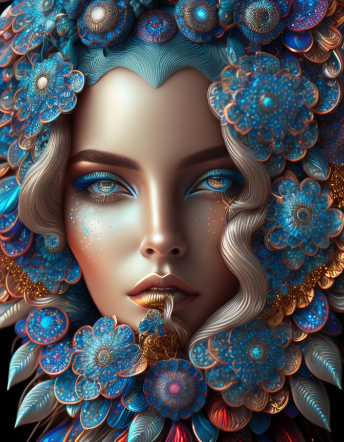 Detailed digital artwork of woman with blue floral patterns and ornaments, intricate details, and serene expression