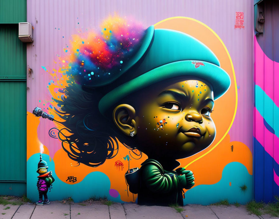 Vibrant street art mural of child with cosmic cloud hair and small character painting