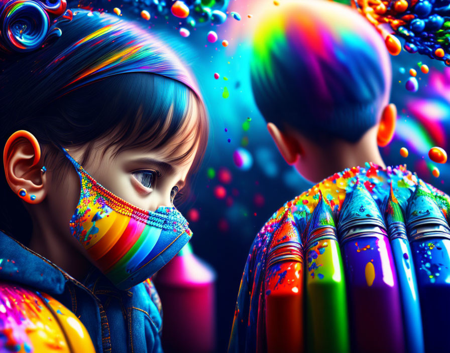 Vibrant Children in Colorful Face Masks and Clothing Surrounded by Crayons