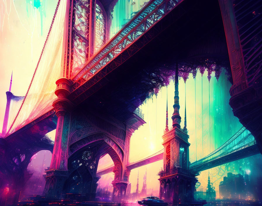 Futuristic cityscape with neon lights and bridge at twilight