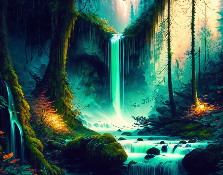 Ethereal digital artwork of mystical waterfall in vibrant blue and lush greenery