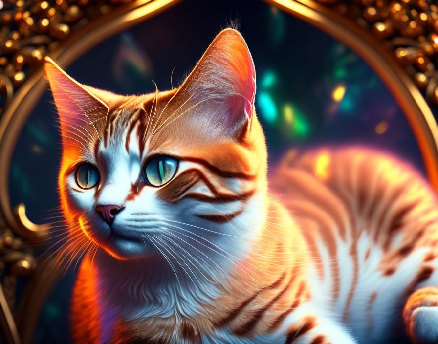 Orange Tabby Cat with Intricate Patterns on Fur in Mystical Backdrop