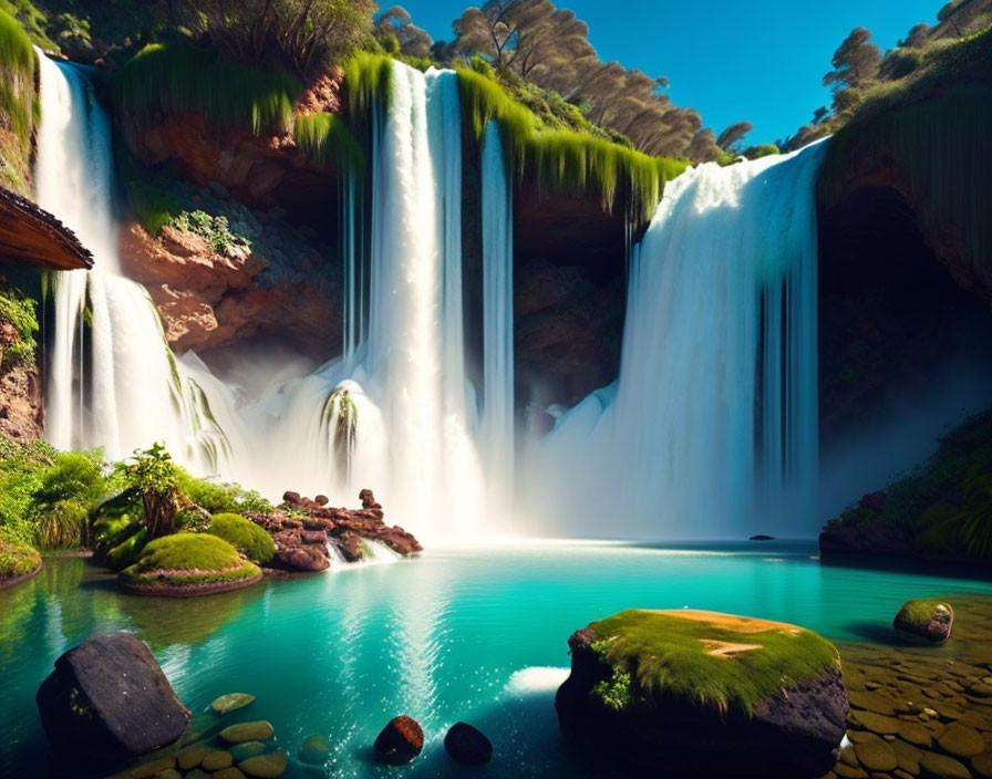 Tranquil Waterfall in Lush Green Landscape