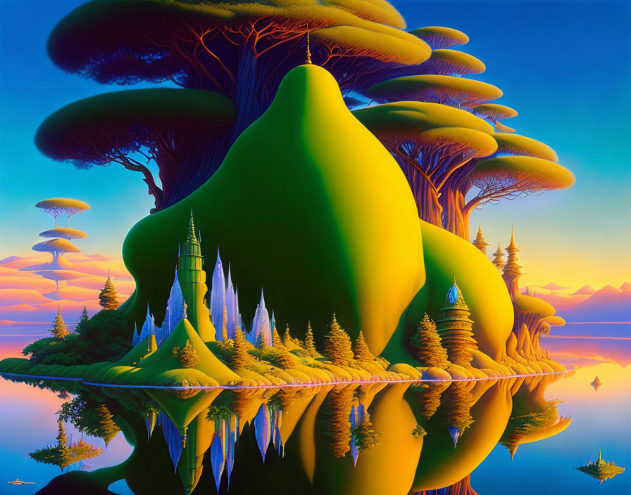 Surreal landscape with twisting trees, reflective lake, and slender castles at dusk