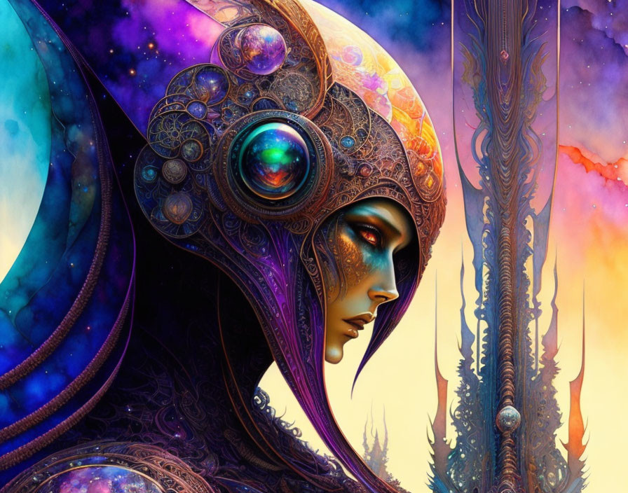 Vibrant digital artwork: Female figure with cosmic headgear & celestial backdrop