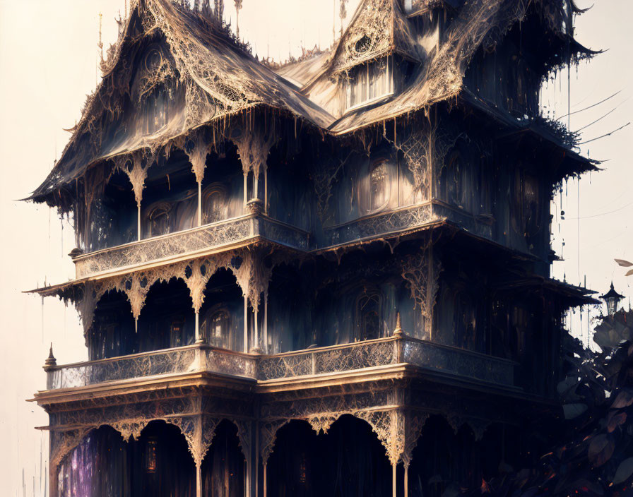 Dark wooden pagoda with intricate designs and cobwebs on dim background