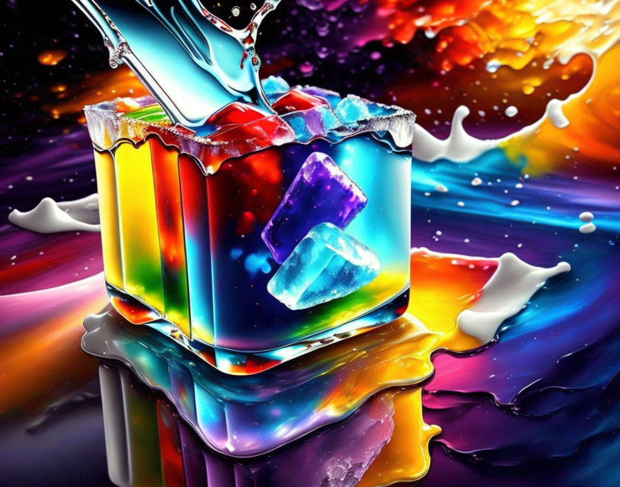 Colorful paint splashing from can with ice cubes, vibrant spectrum on dark background