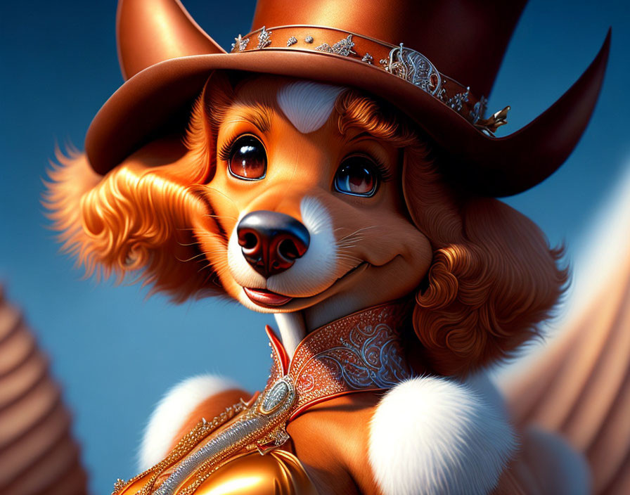 Smiling dog in cowboy hat and Western attire on blue background