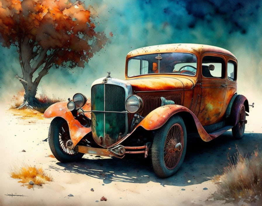 Vintage Car Illustration: Rusted Orange & Green Body, Autumn Tree Background