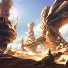 Surreal landscape with flowing structures and humanoid face under vibrant sky