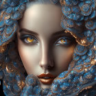 Detailed digital artwork of woman with blue floral patterns and ornaments, intricate details, and serene expression