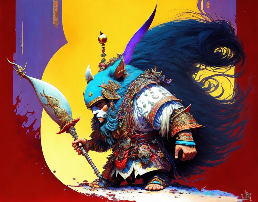 Colorful mythical warrior in ornate armor with spear and blue hair on red & gold backdrop