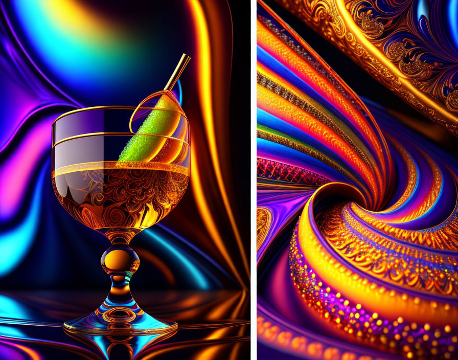 Colorful Digital Artwork: Glass with Lemon Slice and Straw on Psychedelic Background