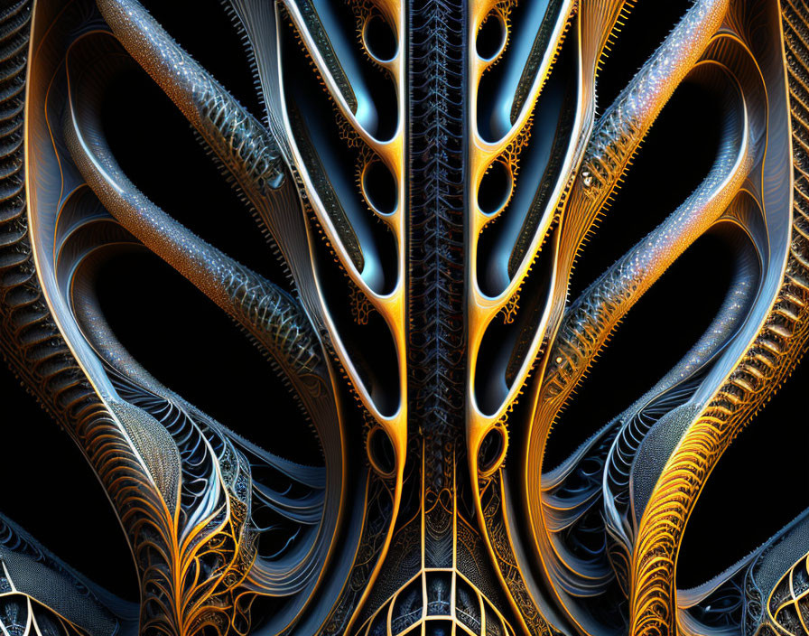 Symmetrical abstract fractal design in blue, orange, and gold hues