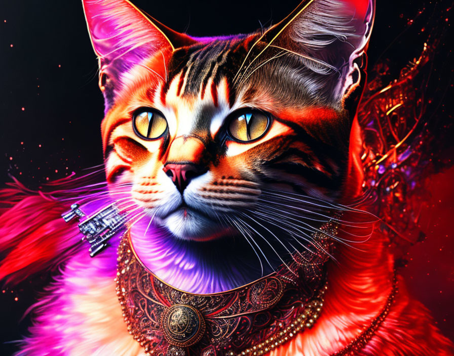 Colorful digital artwork: Majestic cat with intricate patterns and detailed necklace on fiery red and black backdrop