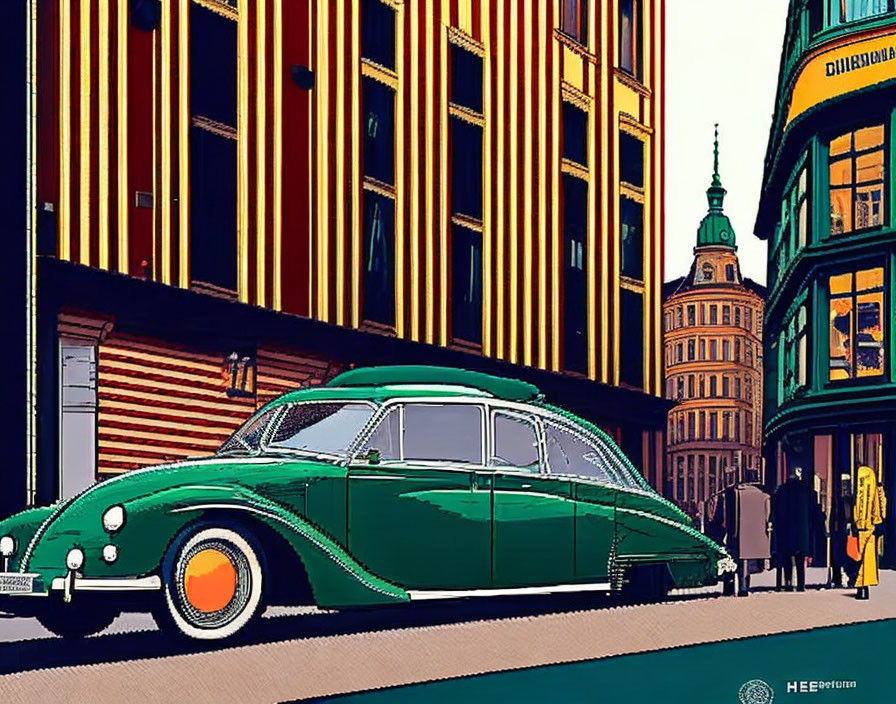 Illustration of Vintage Green Car in Colorful Street Setting