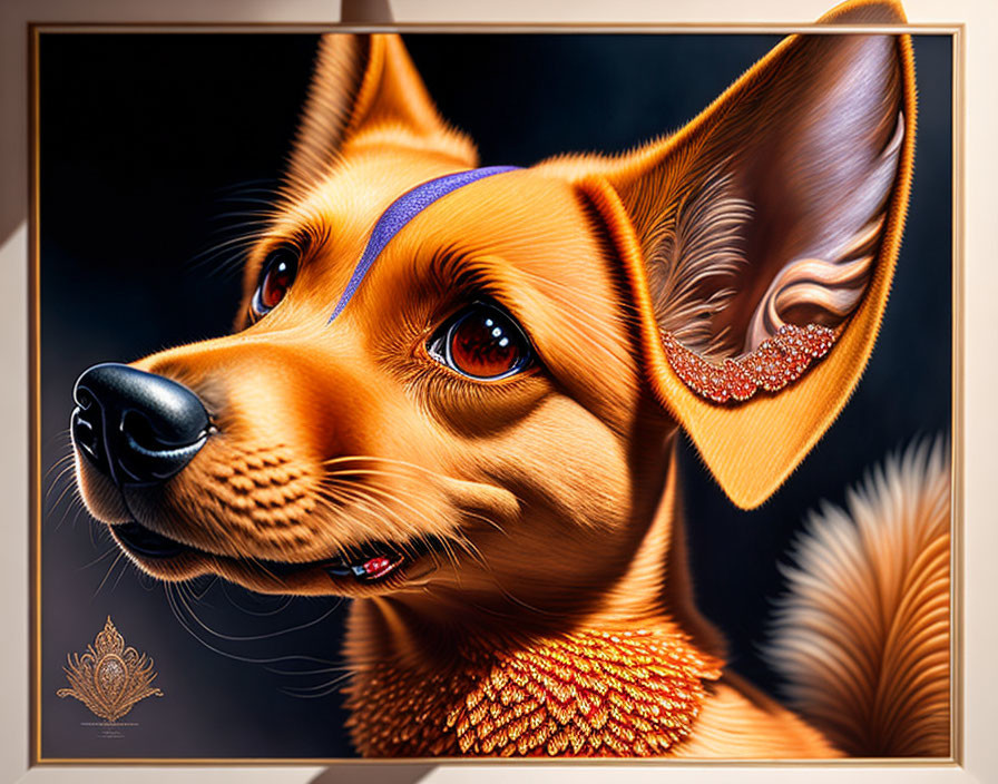 Detailed illustration of a dog with a golden collar and vibrant colors.