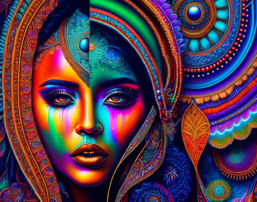 Vibrant psychedelic portrait of a woman with third eye and mandala patterns