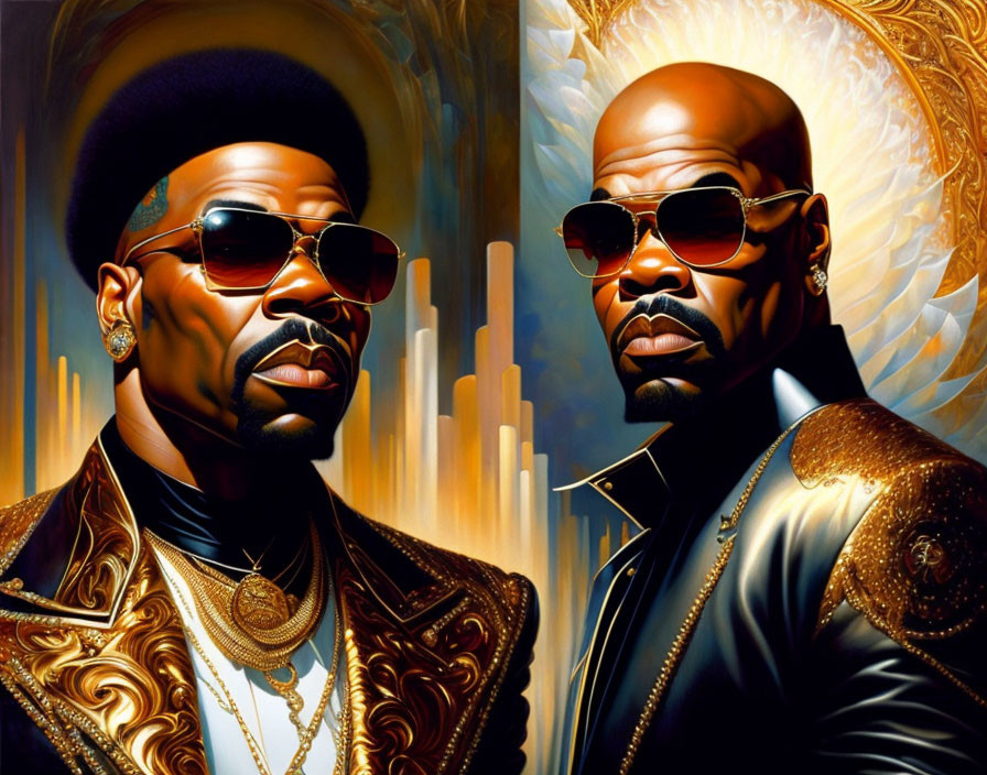 Stylized male figures in sunglasses and ornate jackets against golden cityscape