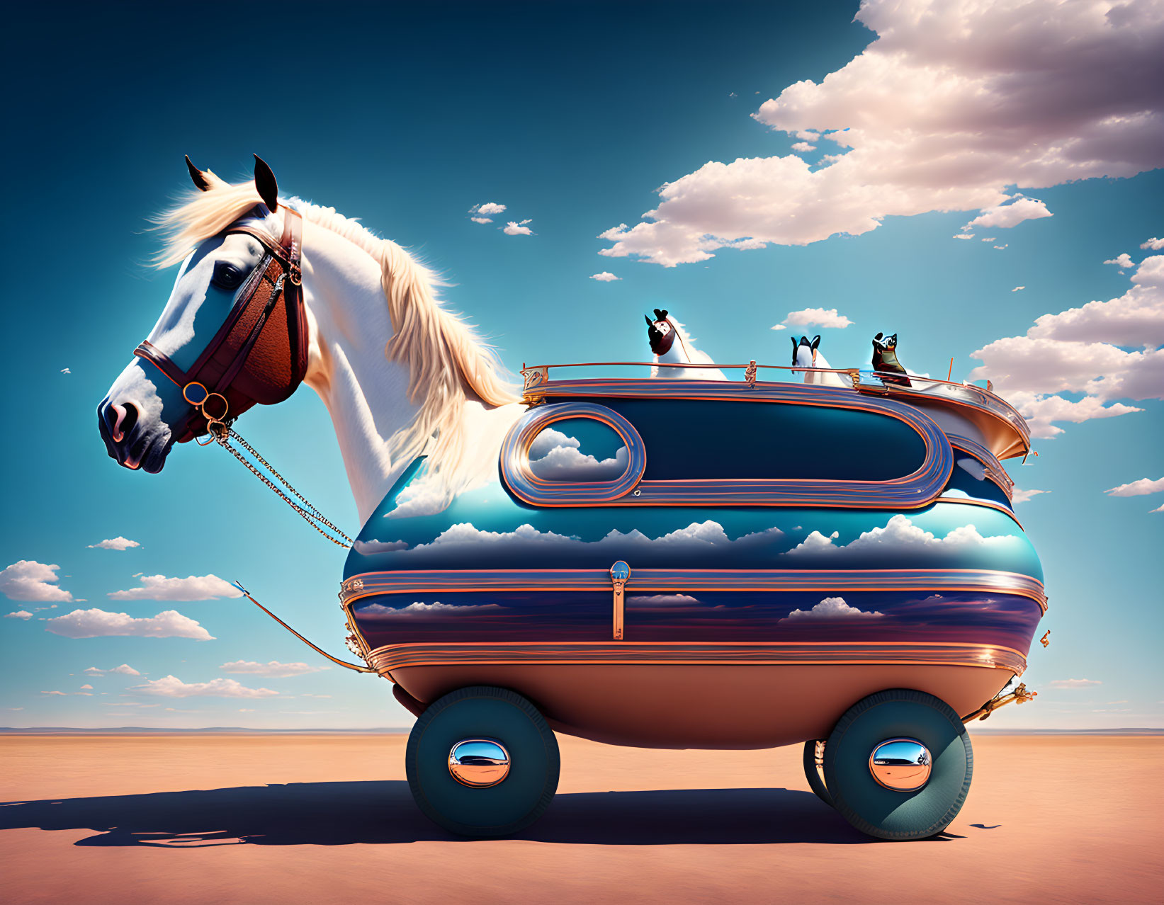 White horse pulling shiny caravan in desert desert with birds against blue sky