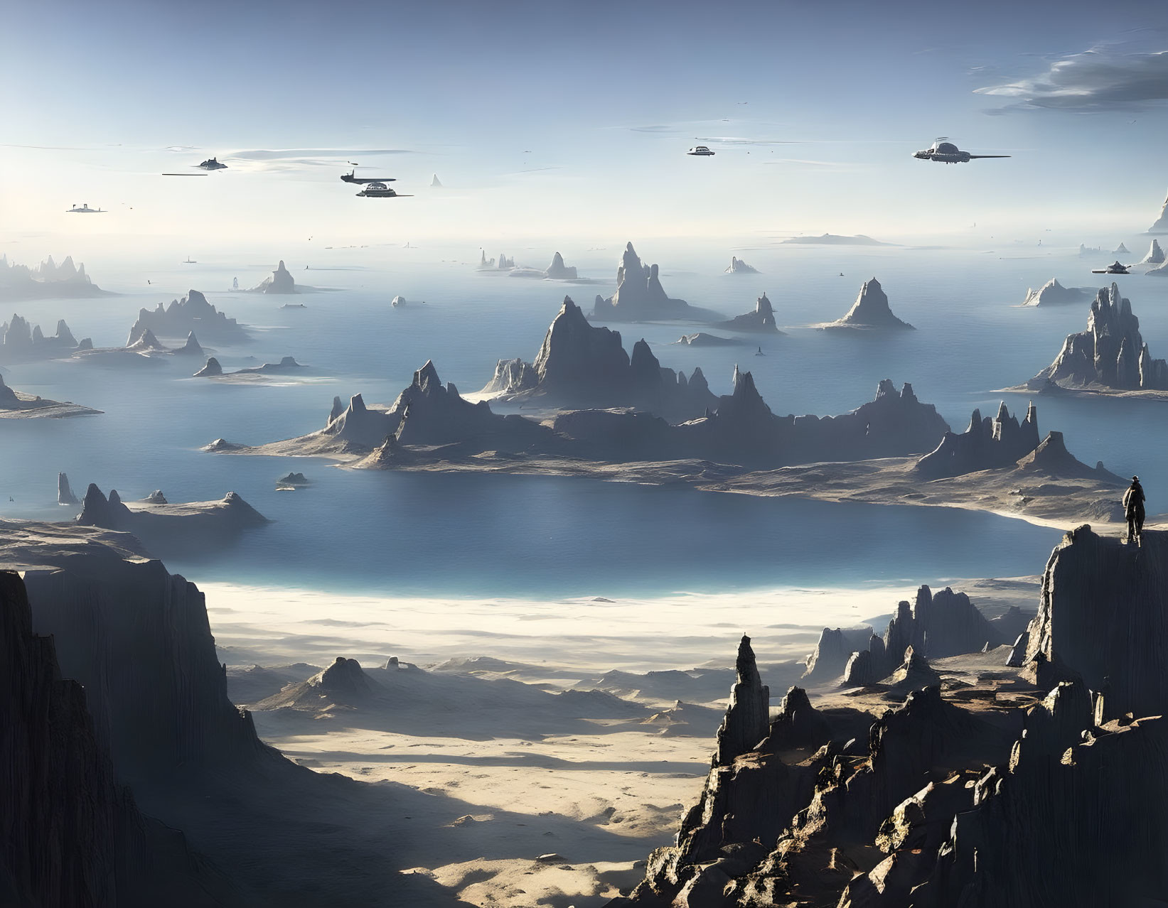 Desert landscape with rock formations, water body, and futuristic flying vessels