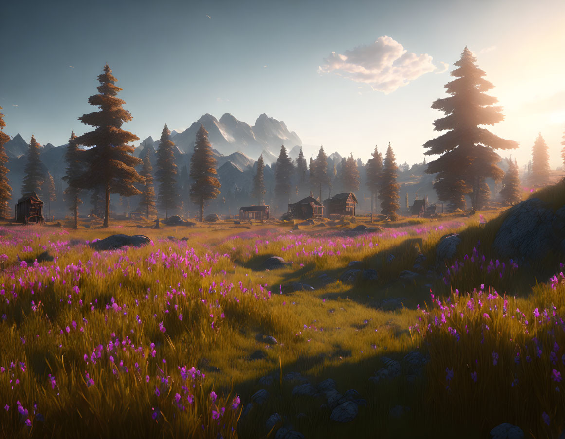 Tranquil landscape with purple wildflowers, pine trees, cabins, and mountains.