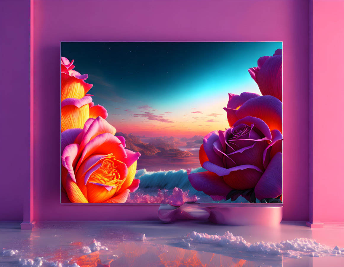 Surreal TV scene: giant roses, vibrant sunset, purple room.