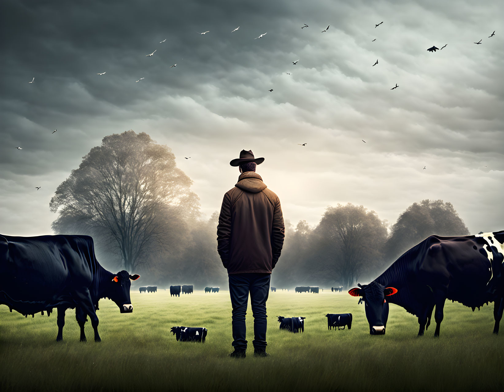 Person in hat in field with cows under cloudy sky and flying birds