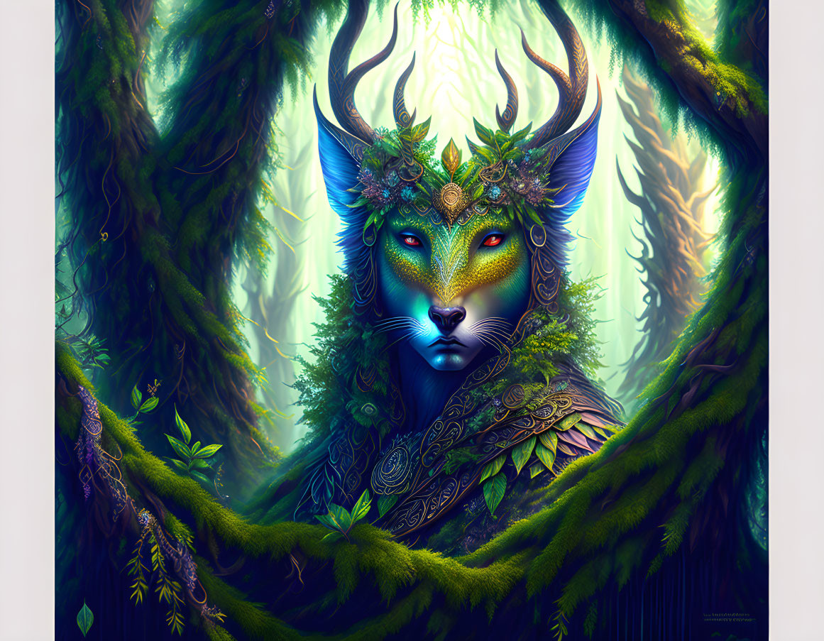 Mystical creature with feline face and antlers in lush forest