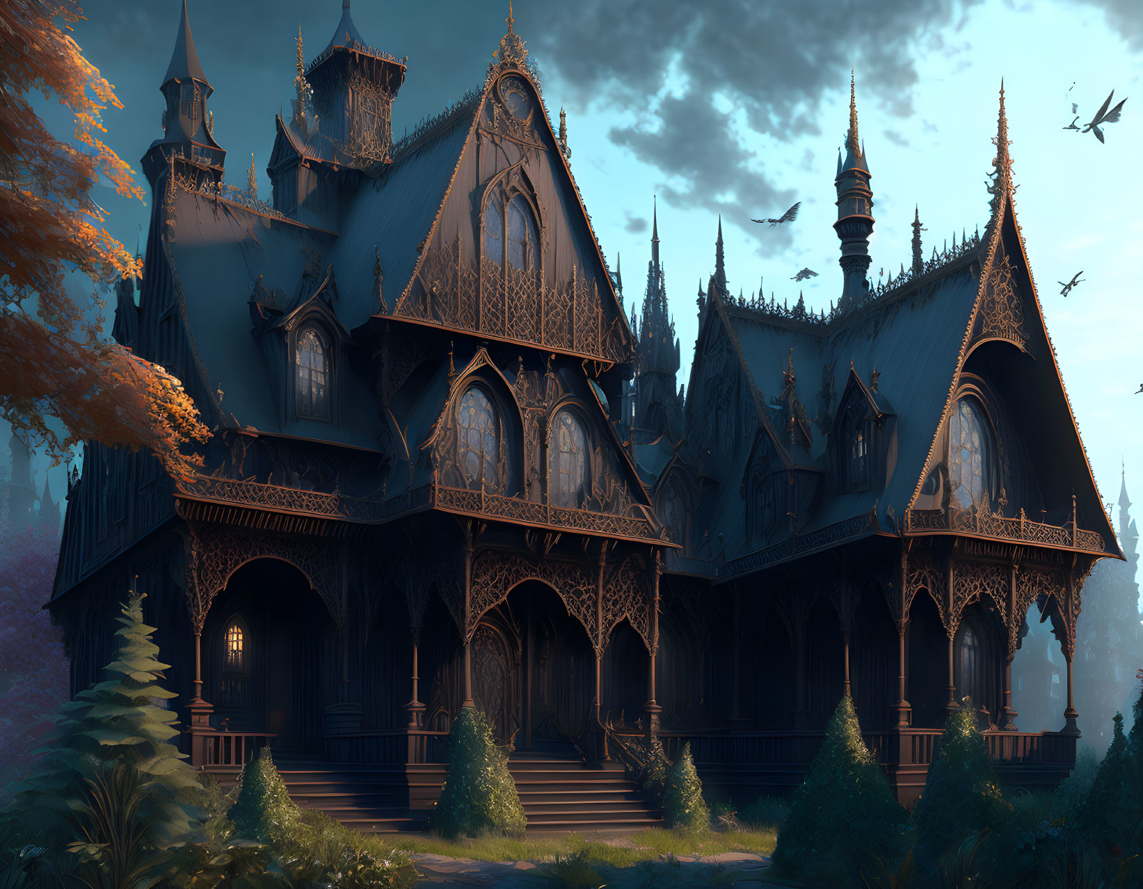 Detailed Gothic Mansion Illustration in Twilight Forest