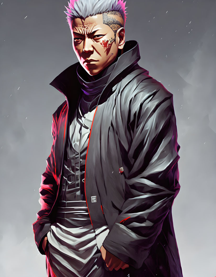 Illustration of stern man with scar, pink mohawk, dark jacket.