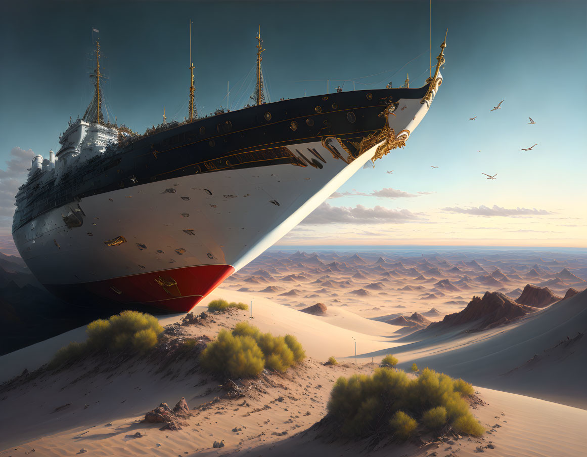 Beached Ship on Sand Dunes with Flying Birds in Surreal Desert