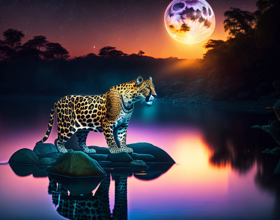 Jaguar on Riverside Stones at Twilight with Purple Sky and Large Moon