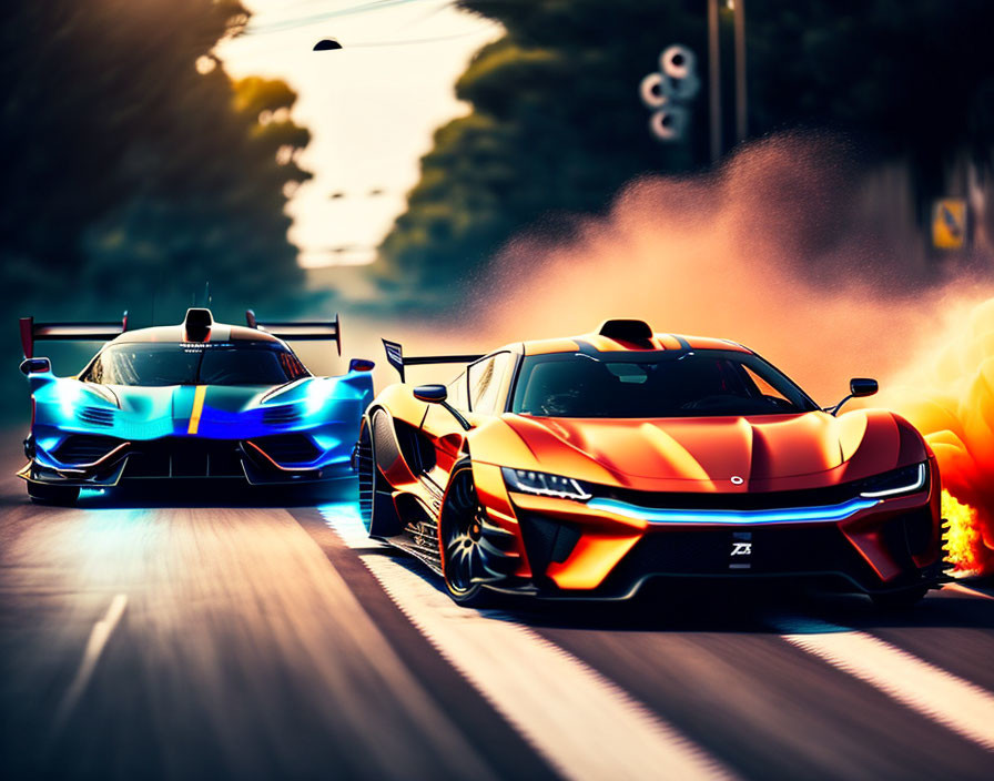 Futuristic sports cars racing with dynamic lighting and motion blur