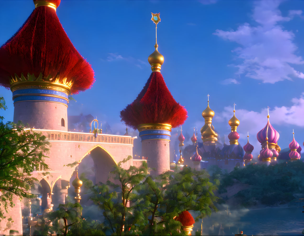 Colorful Enchanted Castle with Spire and Turrets in Twilight Sky